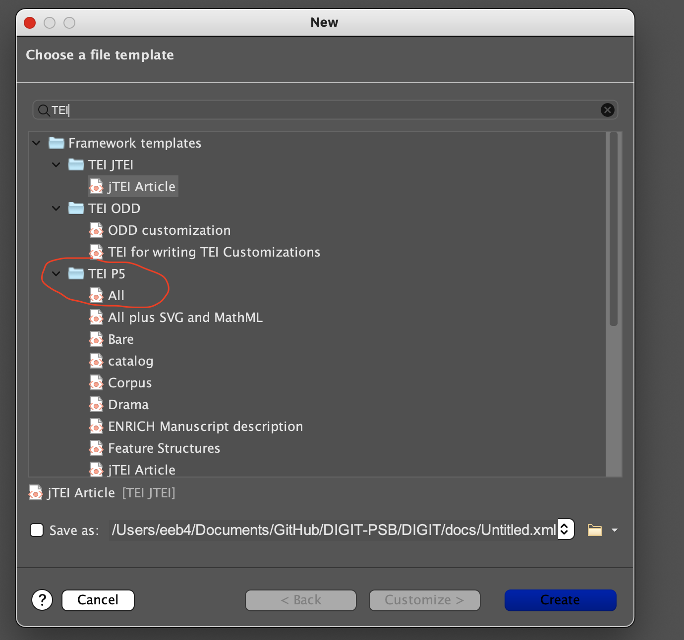 selecting TEI ALL in oXygen XML Editor